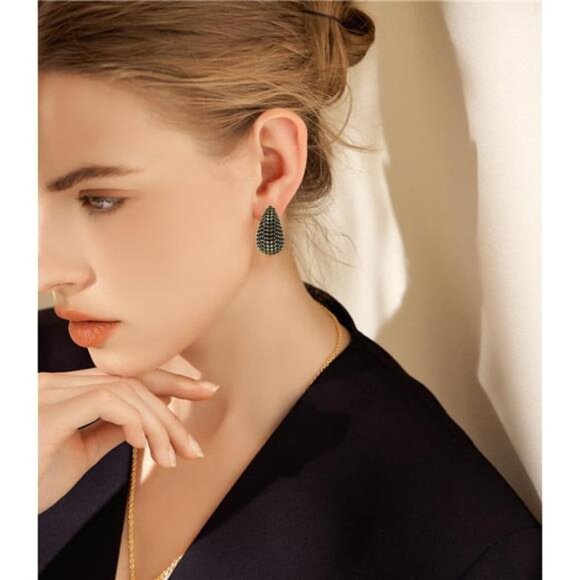 Black Zirconia Teardrop Earrings – Elegant Sterling Silver Plated - Picture 2 of 5